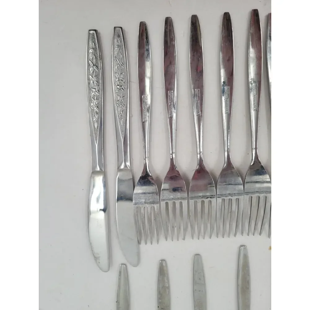 Eldan ELD18 Stainless Flatware Set Japan Roses Textured 24 Pc Tableware